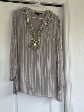 Boston Proper Taupe Beaded V-Neck Tunic with Metallic Stripes